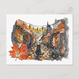 Cartão Postal Black Cat Village Road Halloween Watercolor