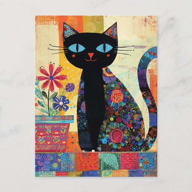 Cartão Postal Black Cat Whimsical Artwork (Frente)