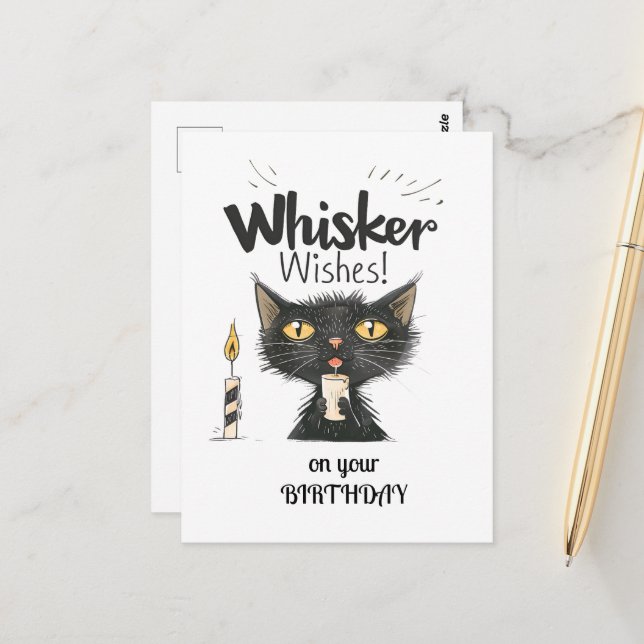 Cartão Postal Black Cat Whisker quer seu aniversário (Frente/Verso In Situ)