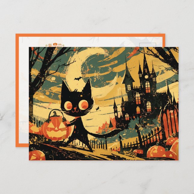 Cartão Postal Black Cat with Pumpkin Bucket by the Castle (Frente/Verso)