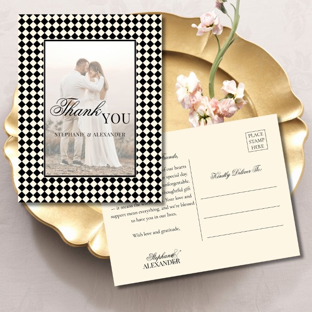 Cartão Postal Black Checks Old Money Photo Wedding Thank You (Criador carregado)