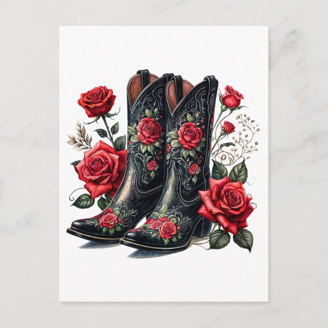 Cartão Postal Black Cowboy Boots With Red Roses (Frente)