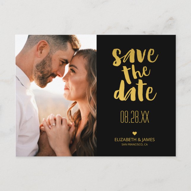 Cartão Postal Black Dourada tic Modern Save The Date Photo (Frente)