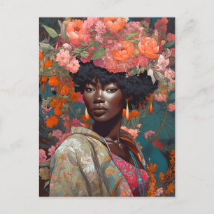 Cartão Postal Black Goddese Queen Flowers Fantasy Art