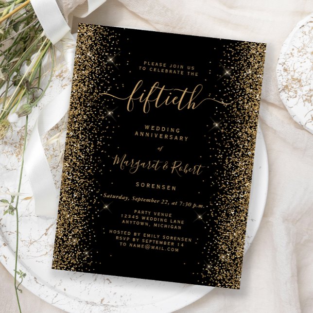 Cartão Postal Black Gold Glitter 50th Anniversary Party (Criador carregado)