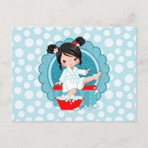 Cartão Postal Black Hair Spa Girl Bubbles Turquooise Red White