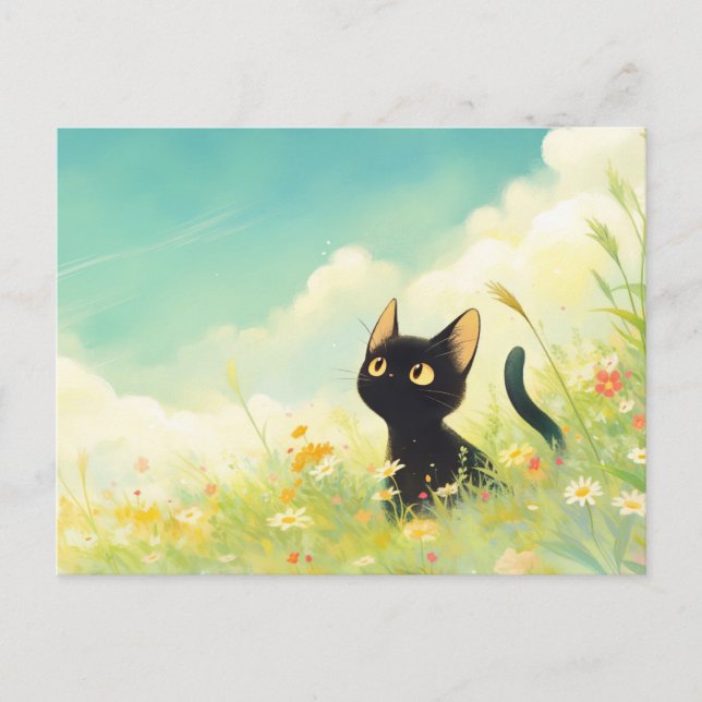 Cartão Postal Black Kitten in Sunny Wildflower Summer Meadow (Frente)