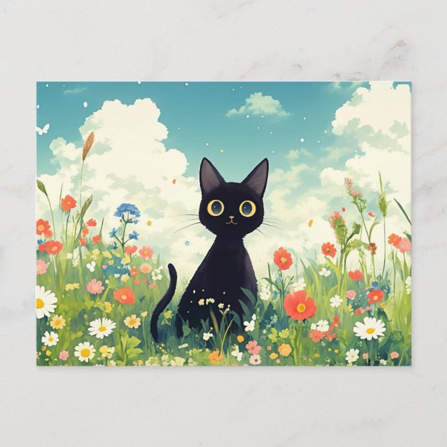 Cartão Postal Black Kitten in Sunny Wildflower Summer Meadow (Frente)
