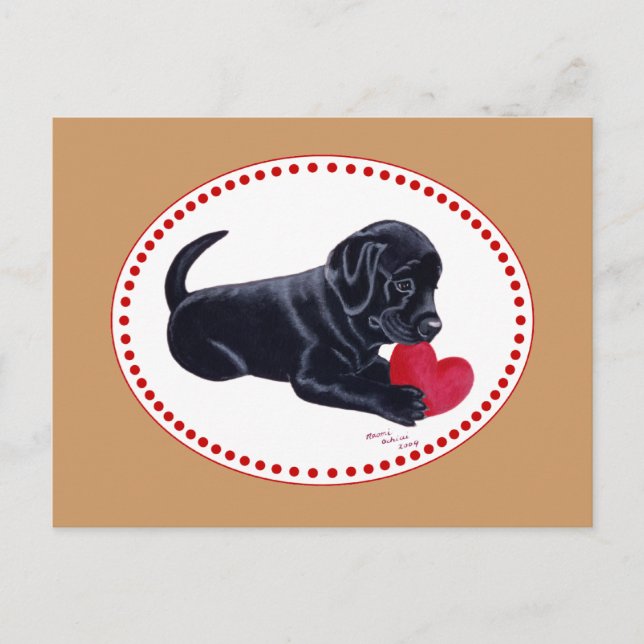Cartão Postal Black Labrador Puppy e Heart (Frente)