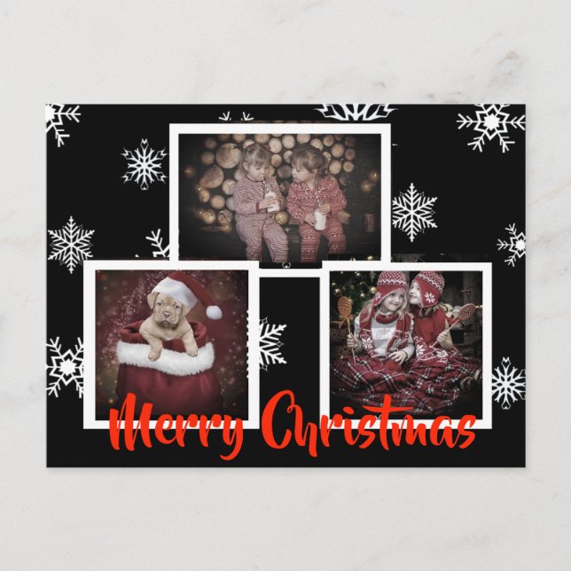 Cartão Postal Black Merry Christmas Snowflake Foto Personalizada (Frente)