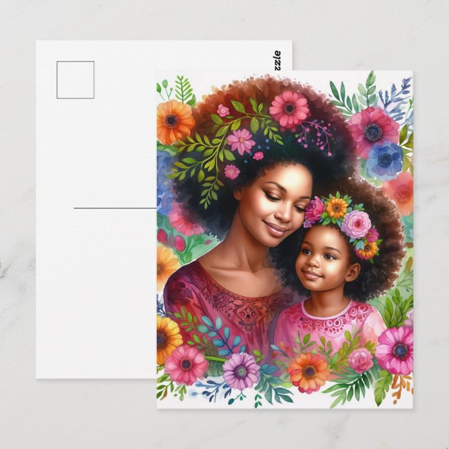 Cartão Postal Black Mother and Daughter Floral Watercolor (Frente/Verso)
