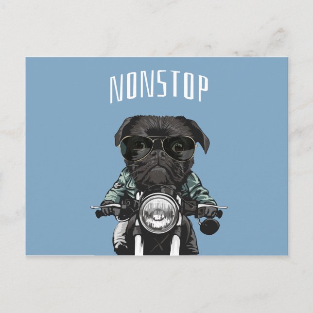 Cartão Postal Black Pug sobre uma ilustração de motocicleta (Frente)