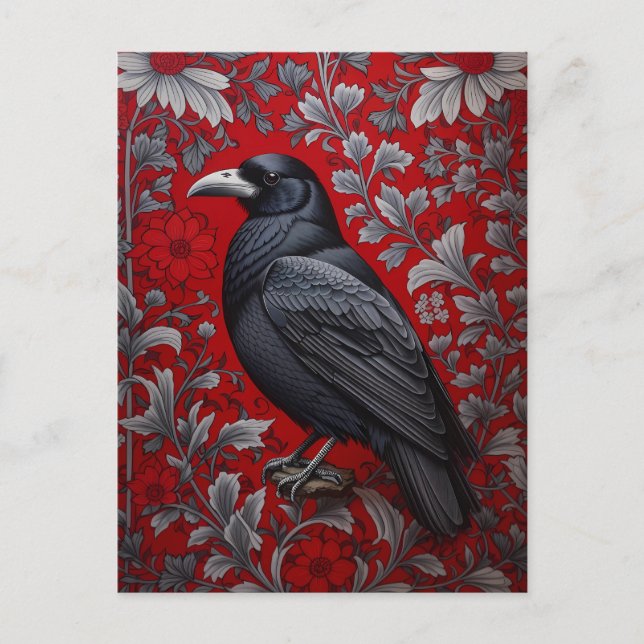 Cartão Postal Black Raven Red Floral William Morris Inspired (Frente)
