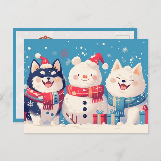 Cartão Postal Black Shiba Inu and Samoyed dog with Snowman (Frente/Verso)