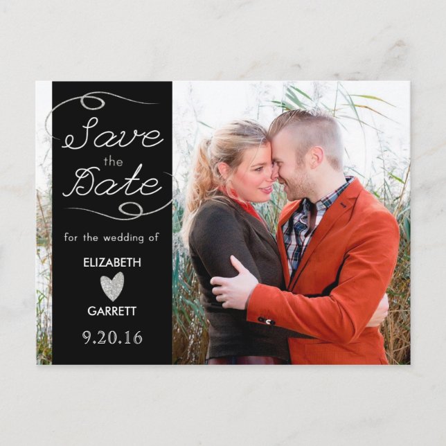 Cartão Postal Black / Silver Glitter Save the Date (Frente)