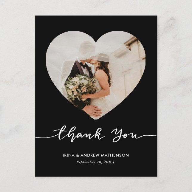 Cartão Postal Black Wedding Thank You Script Heart Photo (Frente)