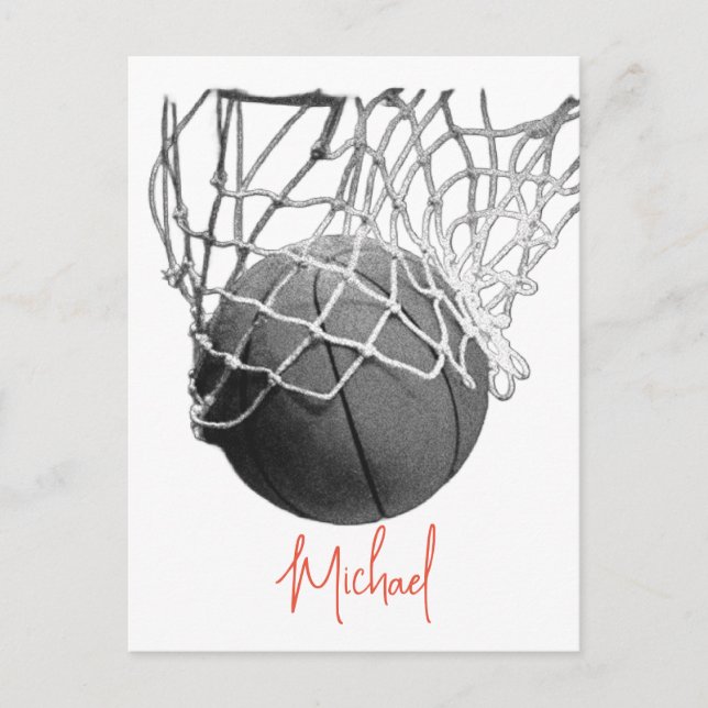 Cartão Postal Black & White Basketball Ball & Net Your Name (Frente)
