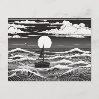 Cartão Postal Black & White Lonely Sailboat Moon Waves