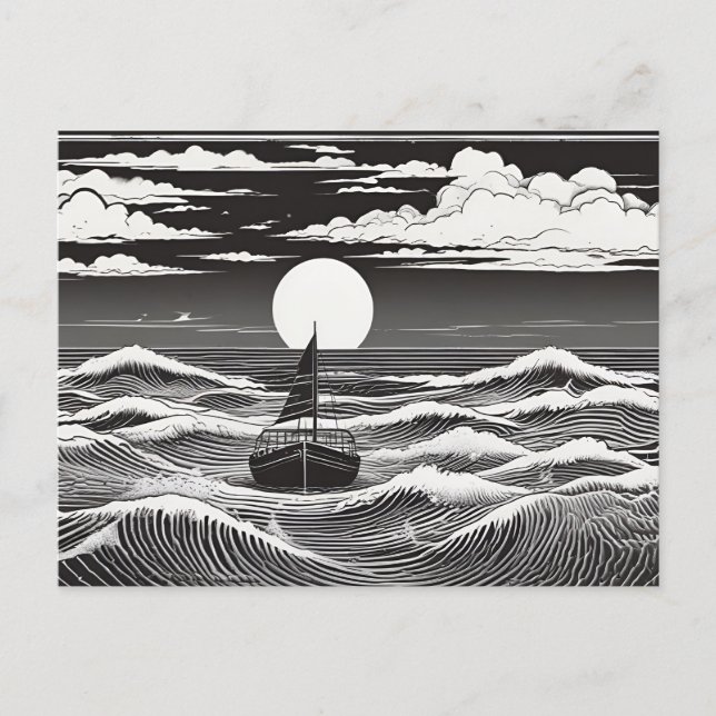 Cartão Postal Black & White Lonely Sailboat Moon Waves (Frente)