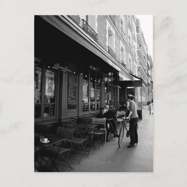 Cartão Postal Black & White Photo of Street Café em Paris (Frente)