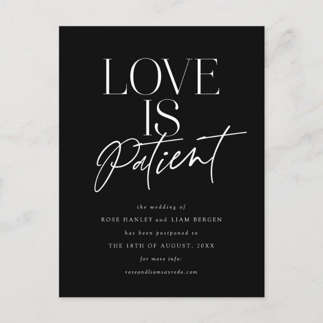 Cartão Postal Black White Script Love Wedding Altera a Data (Frente)