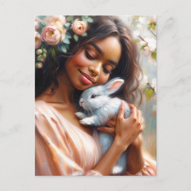 Cartão Postal Black Woman Smiling With Cute Bunny Floral  (Frente)
