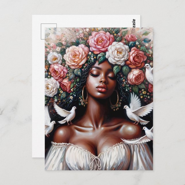 Cartão Postal Black Woman With Doves Floral Art (Frente/Verso)