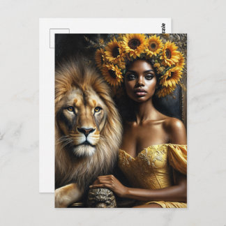 Cartão Postal Black Woman With Lion Sunflower Leo