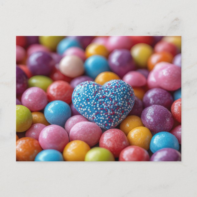 Cartão Postal Blaues Herz mit bunter Schokolade Valentinstag (Frente)