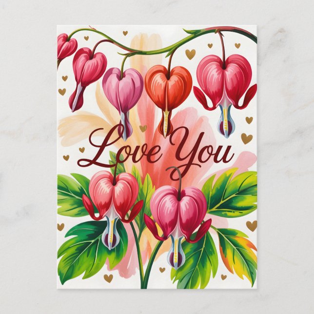 Cartão Postal Bleeding Heart Floral Illustration with Love You  (Frente)