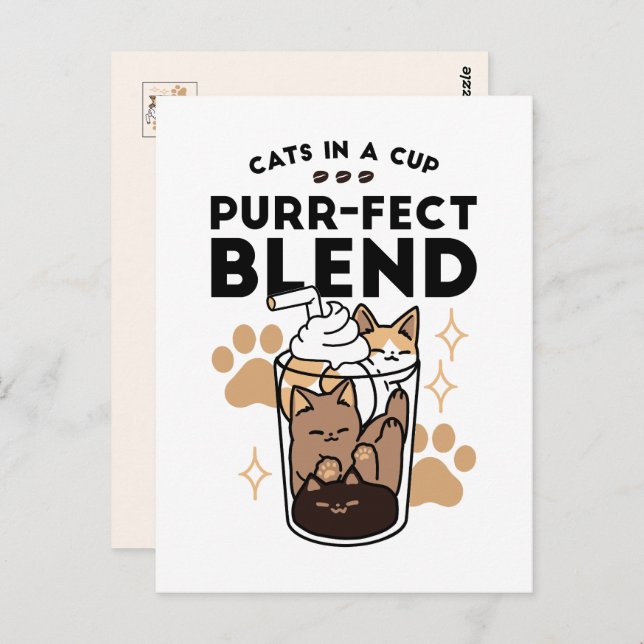 Cartão Postal Blend Puro: Arte de Gato e Café para Pet-Lovers (Frente/Verso)
