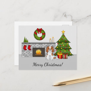 Cartão Postal Blenheim Cavalier Dog Em Uma Sala De Natal E Texto