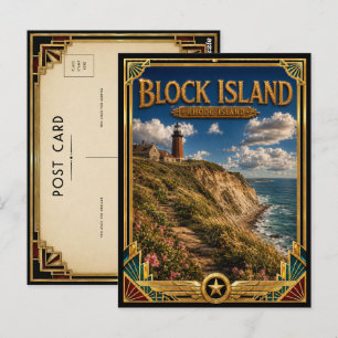 Cartão Postal Block Island Rhode Island Arte Deco Vintage Dourad