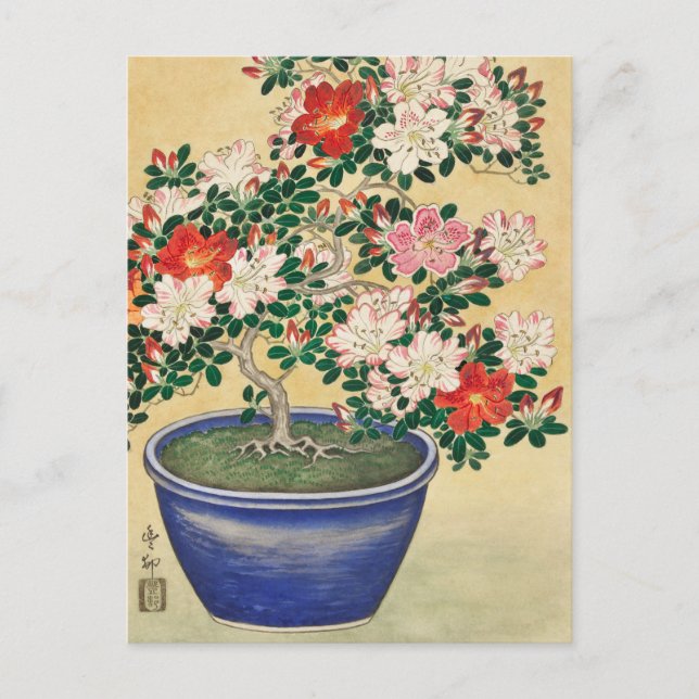 Cartão Postal Blooming Azalea em Pote azul por Ohara Koson (Frente)