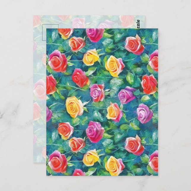 Cartão Postal Blooming garden rose bush watercolor pattern (Frente/Verso)