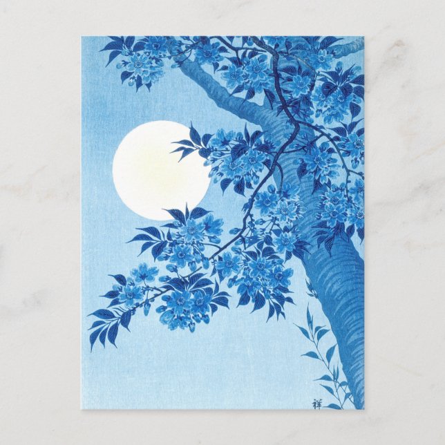 Cartão Postal Blossoming Cherry Moonlit Night Ohara Koson Blue (Frente)