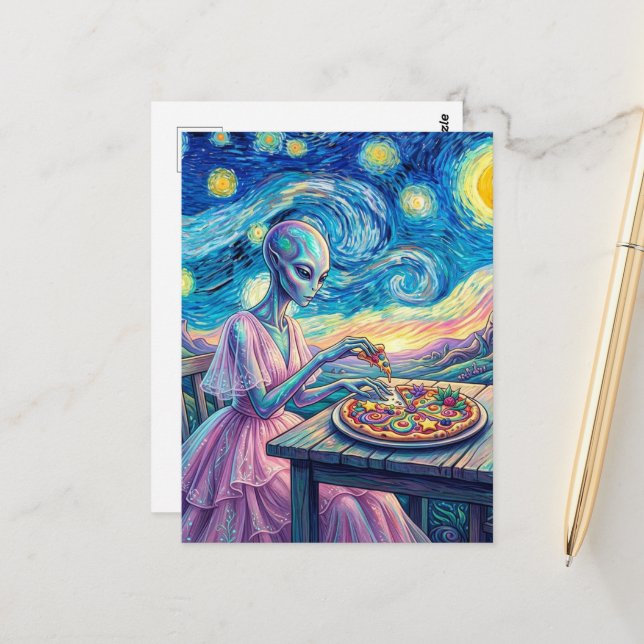 Cartão Postal Blue Alien in Pink Dress Eats Pizza Faux Van Gogh (Frente/Verso In Situ)