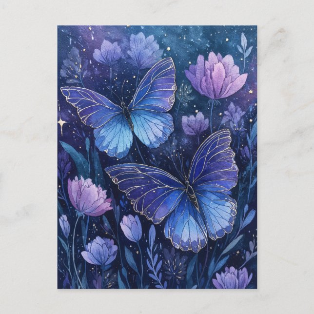 Cartão Postal Blue and Purple Butterfly in Starry Floral Garden (Frente)