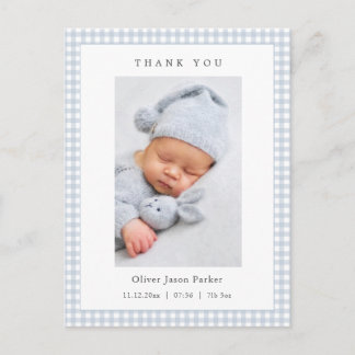 Cartão Postal Blue and white Gingham Baby Boy Birth Announcement