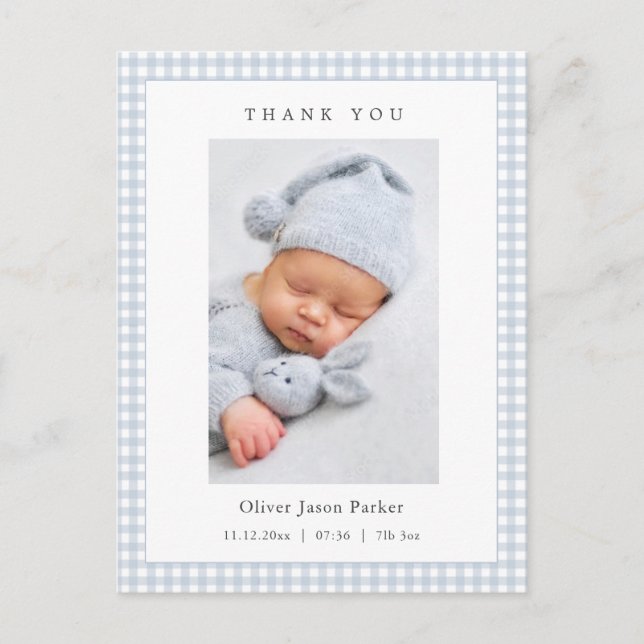 Cartão Postal Blue and white Gingham Baby Boy Birth Announcement (Frente)