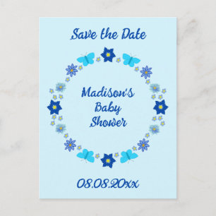 Cartão Postal Blue Baby Boy Butterflies e Flor salvam a data