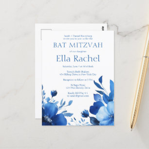 Cartão Postal Blue Blooms Watercolor BAT MITZVAH PERSONALIZADO