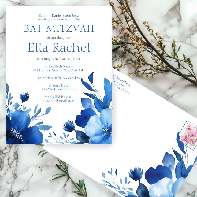 Cartão Postal Blue Blooms Watercolor BAT MITZVAH PERSONALIZADO (Blue Blooms Watercolor BAT MITZVAH CUSTOM Postcard
)