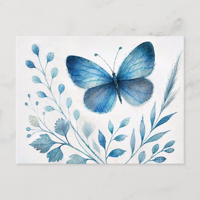 Cartão Postal Blue Butterfly Botanical Watercolor (Frente)