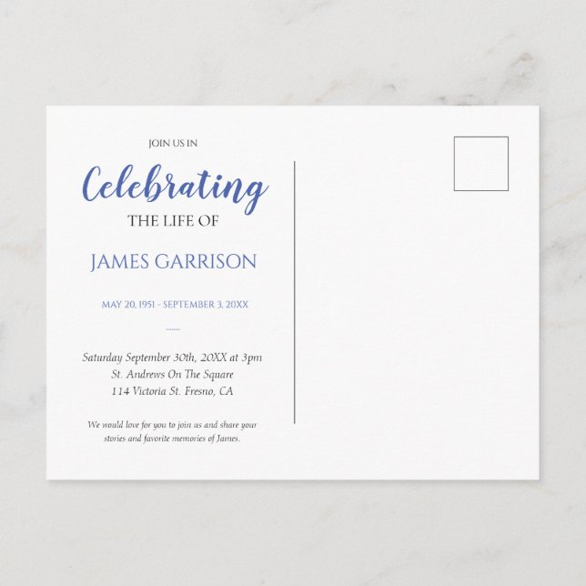 Cartão Postal Blue Celebration of Life With Photo Funeral Invite (Verso)