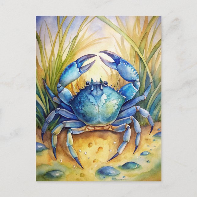 Cartão Postal Blue Crab Coastal Beach Ocean Life Painting  (Frente)