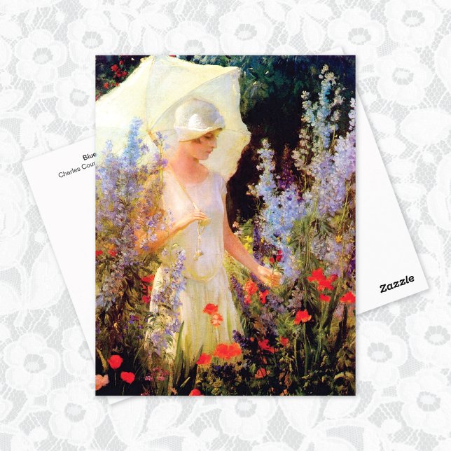 Cartão Postal Blue Delphiniums Parasol Charles Courtney Curran (Criador carregado)