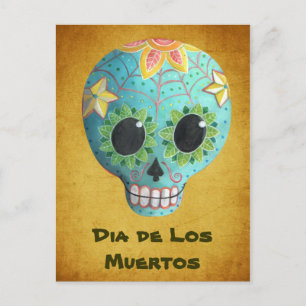 Cartão Postal Blue Dia de Los Muertos Art Sugar Skull