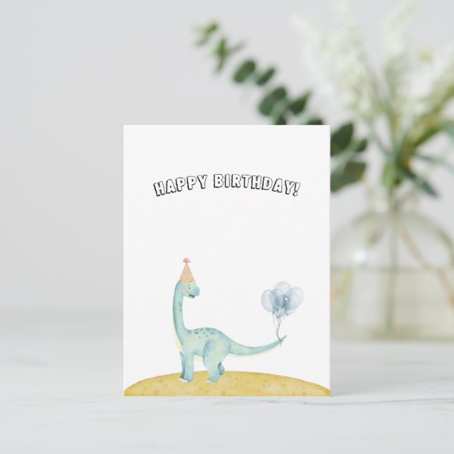 Cartão Postal Blue Dinosaur With Balloons Happy Birthday Card (Em pé/Frente)