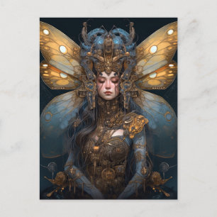 Cartão Postal Blue Dourado Robot Techno Fairy Fantasy Art